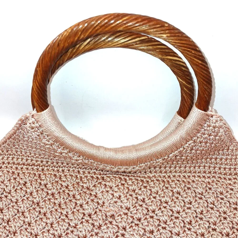 Vintage The Sak Warm Beige Crochet Purse Bag w/ Round Wood Look Plastic Handles